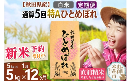 【秋田県由利本荘市】《予約受付》《定期便12ヶ月》令和7年産 【白米】通算5回特A 秋田県産ひとめぼれ 計5kg (5kg×1袋) お届け周期調整 隔月もOK【2025年11月中出荷予定】