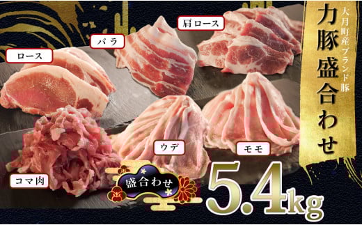 【高知県大月町】国産 豚肉 6種盛 5.4kgセット|バラスライス300g 肩ロース焼肉用400g ウデスライス1.2kg こま肉1.6kg モモしゃぶしゃぶ用1.4kg ロースステーキ用500g バラエティ 力豚 小分け ブラン