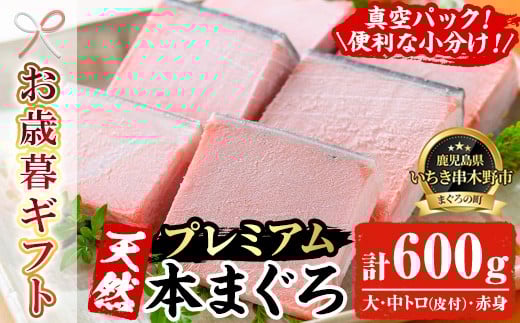 【鹿児島県いちき串木野市】【令和7年お歳暮対応】天然! 本マグロ 真空 冷凍 大トロ 100g×2 中トロ 100g×2  赤身 100g×2  合計600g  プレミアム な 本まぐろ のセット! 刺身 便利 な 小分け で お届