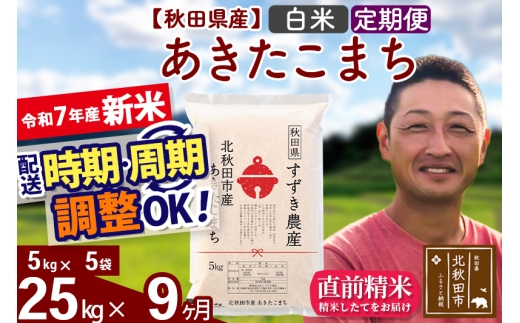 【秋田県北秋田市】※令和7年産 新米※《定期便9ヶ月》秋田県産 あきたこまち 25kg【白米】(5kg小分け袋) 2025年産 お届け時期選べる お届け周期調整可能 隔月に調整OK お米 すずき農産