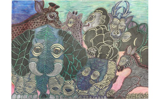 【香川県坂出市】動物の仲間たち|三宅剛 ペン画アート 【原画/ゾウ・キリン・ゴリラ・多様な命の共生】