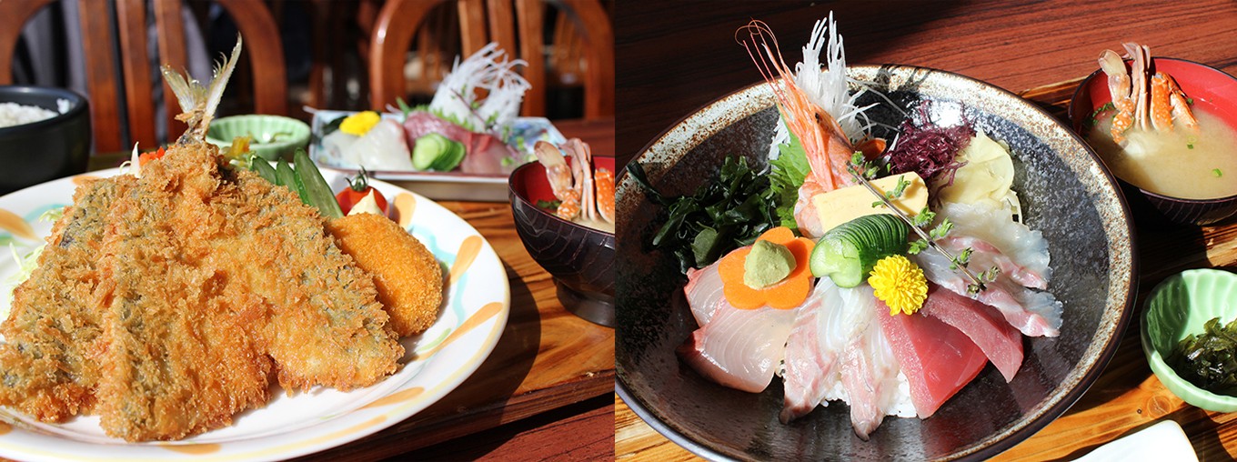 左)イチオシの「鯵フライ定食」。3種類のお造り付きでボリューム満点!