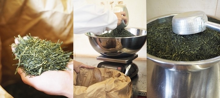 焙煎前の茶葉は青々 手作業で量ります 一回分、なかなか多いですね!