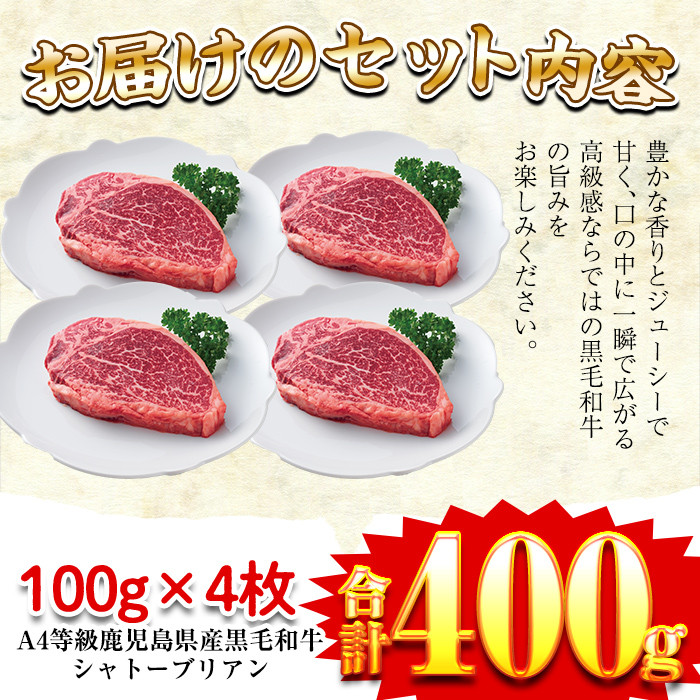 a271 A4等級鹿児島県産黒毛和牛！希少な牛肉！シャトーブリアン 100g×4