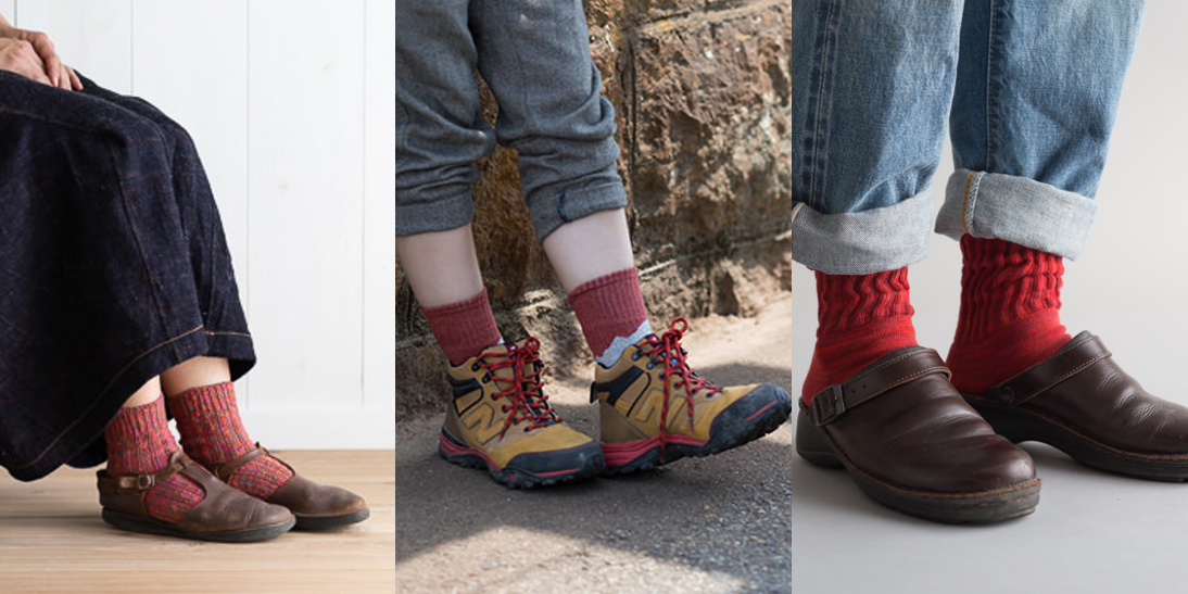 左：絣の靴下　中：トレッキングソックス　右：マーブル編みソックス