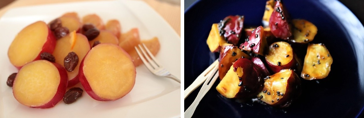 左：【お芋とリンゴのハチミツ煮】／右：【ホクホクカリカリ大学芋】