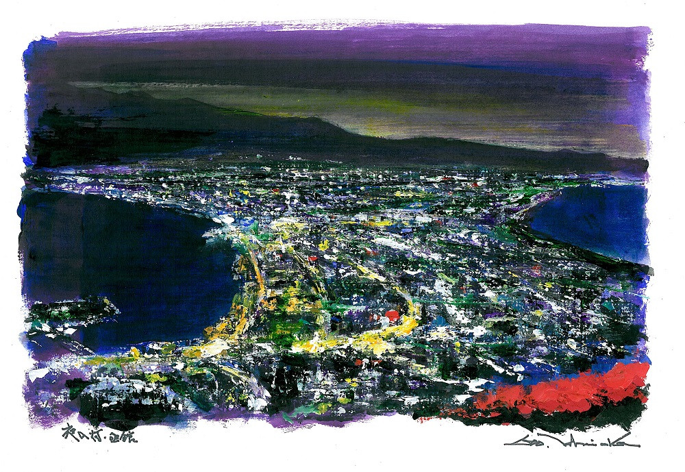 石岡剛（洋画家）が描く北海道風景アクリル画「夜の灯 函館」 - 北海道