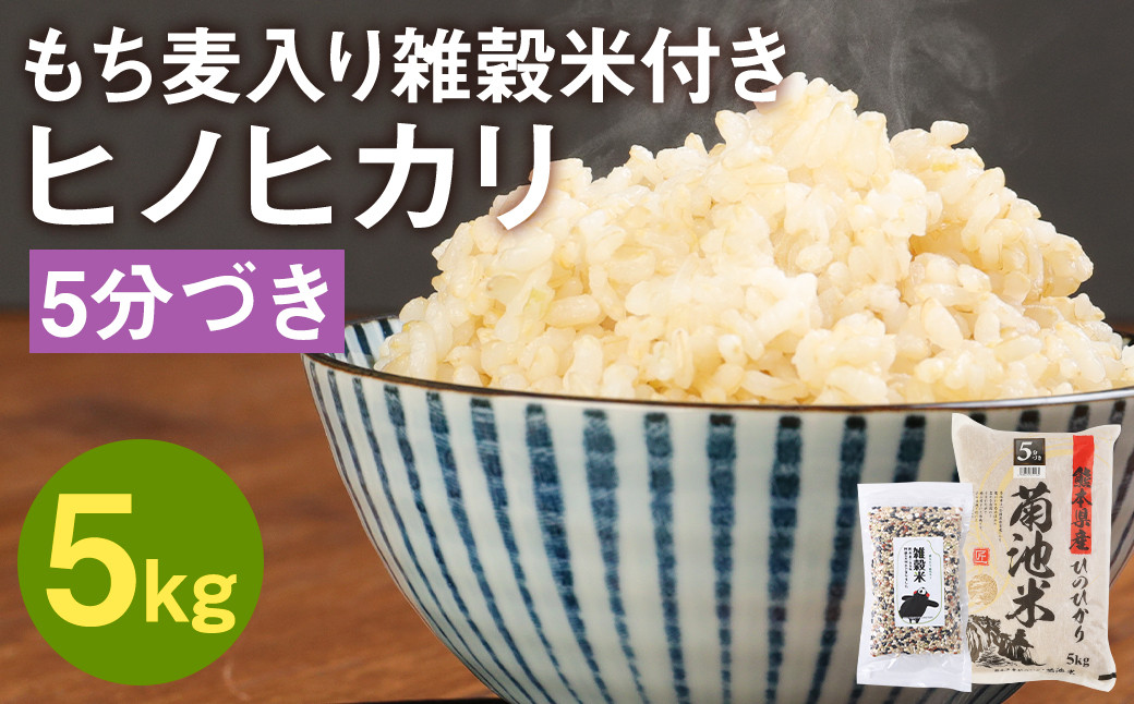 熊本県菊池産 ヒノヒカリ 5分づき米 5kg もち麦入り雑穀米 200g 計5.2