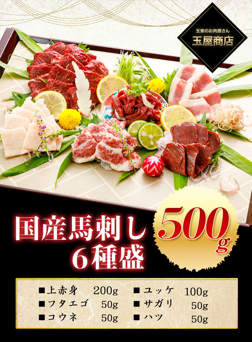 限定モデル 国産馬刺し6種盛 500g《30日以内に順次出荷 土日祝除く 》熊本県 玉名郡 玉東町 玉屋商店 fucoa.cl
