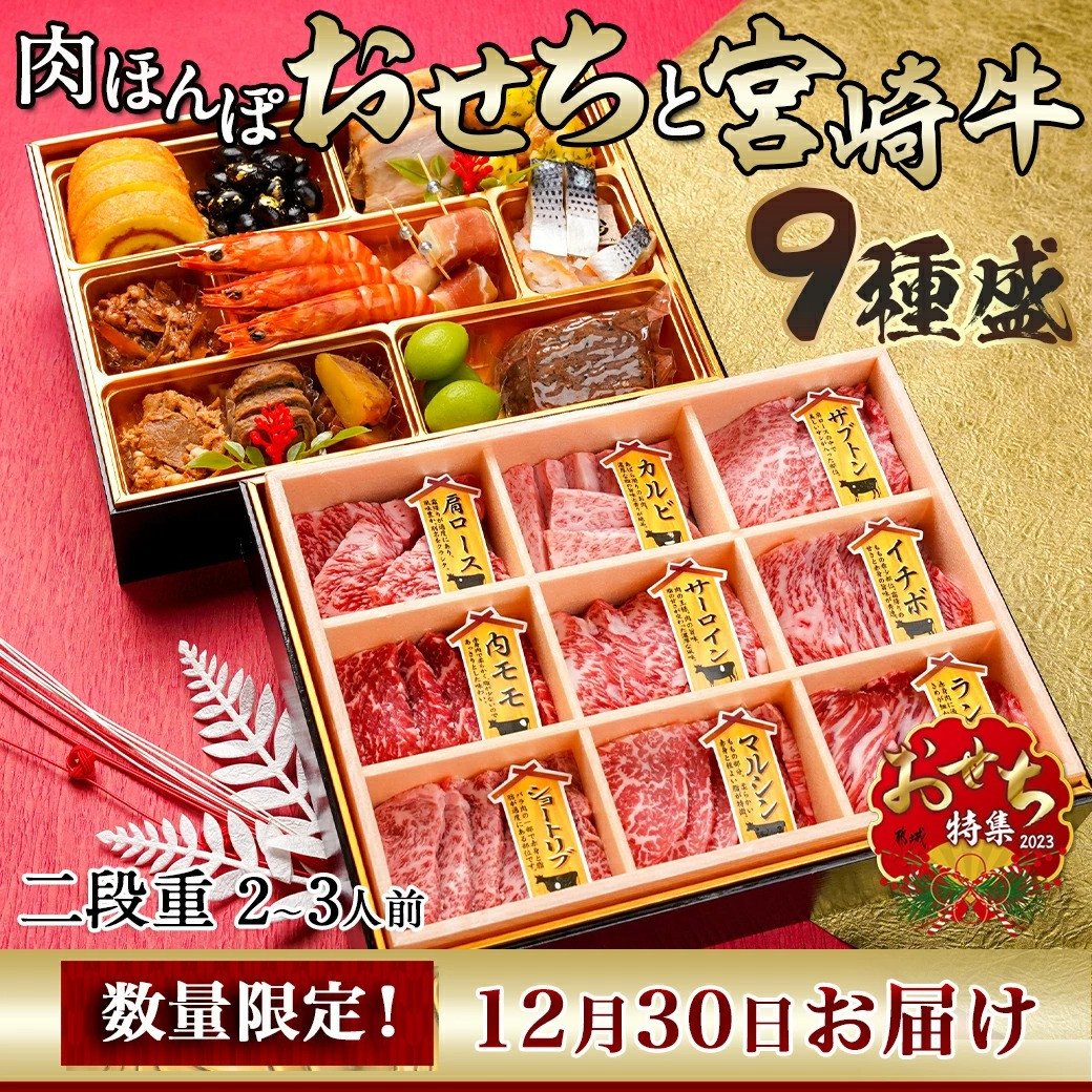 ☆2023新春おせち☆肉ほんぽおせち・宮崎牛9種盛 2段重セット《12月30日お届け》【2～3人前／2段重／冷凍盛付済】オンライン決済限定_AH-3102  - 宮崎県都城市｜ふるさとチョイス - ふるさと納税サイト