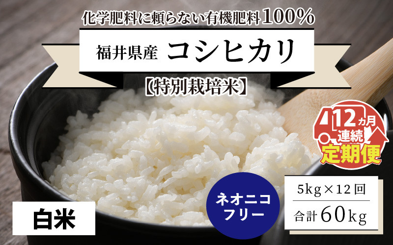 【令和5年産新米】【12ヶ月連続お届け】【特別栽培米】福井県産 コシヒカリ 5kg ～化学肥料にたよらない有機肥料100%～ ネオニコフリー（白米）  [J-13401_01]