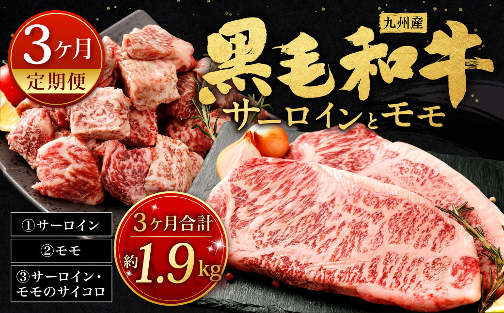 3ヶ月定期便】 九州産 黒毛和牛 サーロイン と モモ 約計1.9kg 牛肉