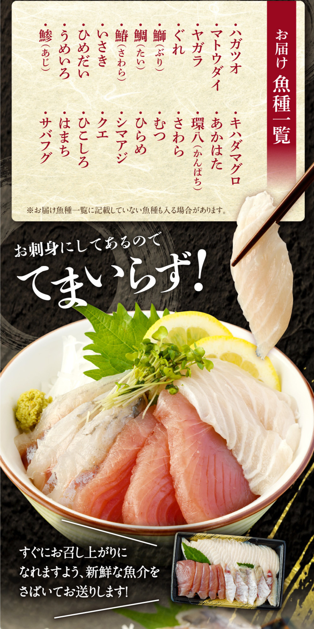 ほんとにおいしい！室戸のお刺身　２～３種盛り合わせお楽しみセット（２～３人前）