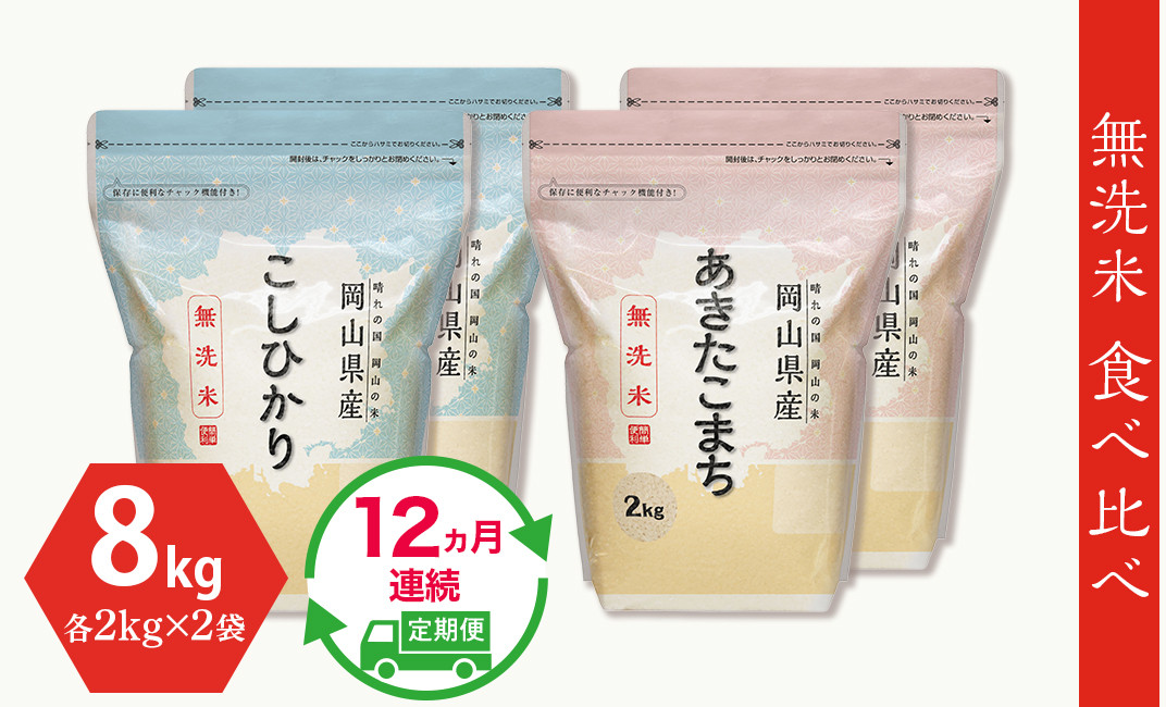 無洗米】食べ比べ8kg（こしひかり2kg×2袋、あきたこまち2kg×2袋）【12