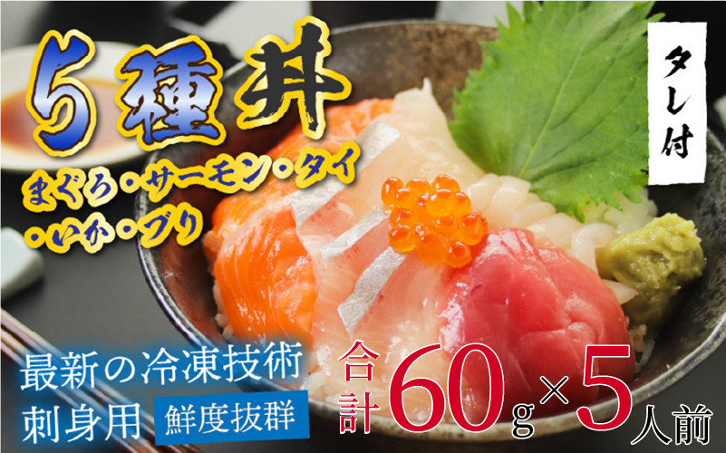 【刺身用】海鮮丼の具5種盛り（マグロ・サーモン・タイ・イカ・ブリ）60g（タレ付） × 5人前 【最新の冷凍技術】[B-11016]