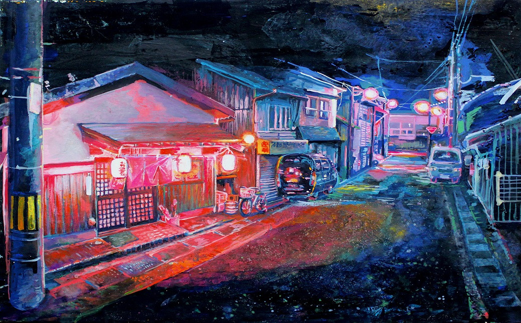 「駅前の賑わい」/生野駅の夜の景色を描いた作品