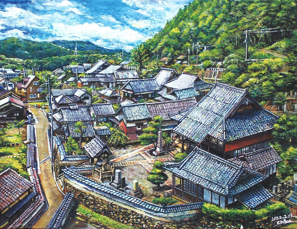 「夏めく本行寺」依頼作品の例１　～朝来市生野町の寺町を描いた作品～