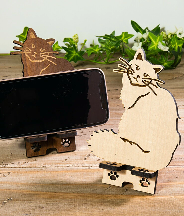 【デザインを選べる】【組立式】木製スマホスタンド Iphoneスタンド スマートフォンスタンド ネコ型 メープル ウォールナット CK-S0016