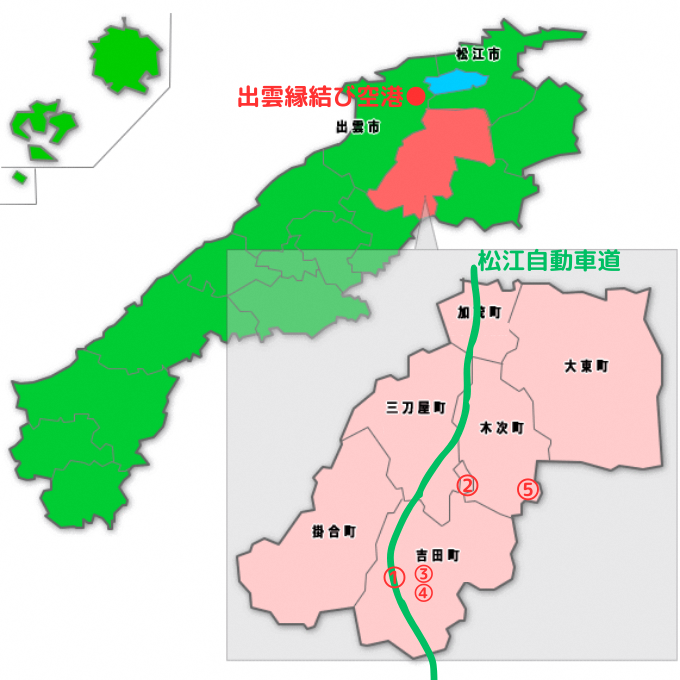 雲南市地図（赤の数字がQRコード設置施設所在地）