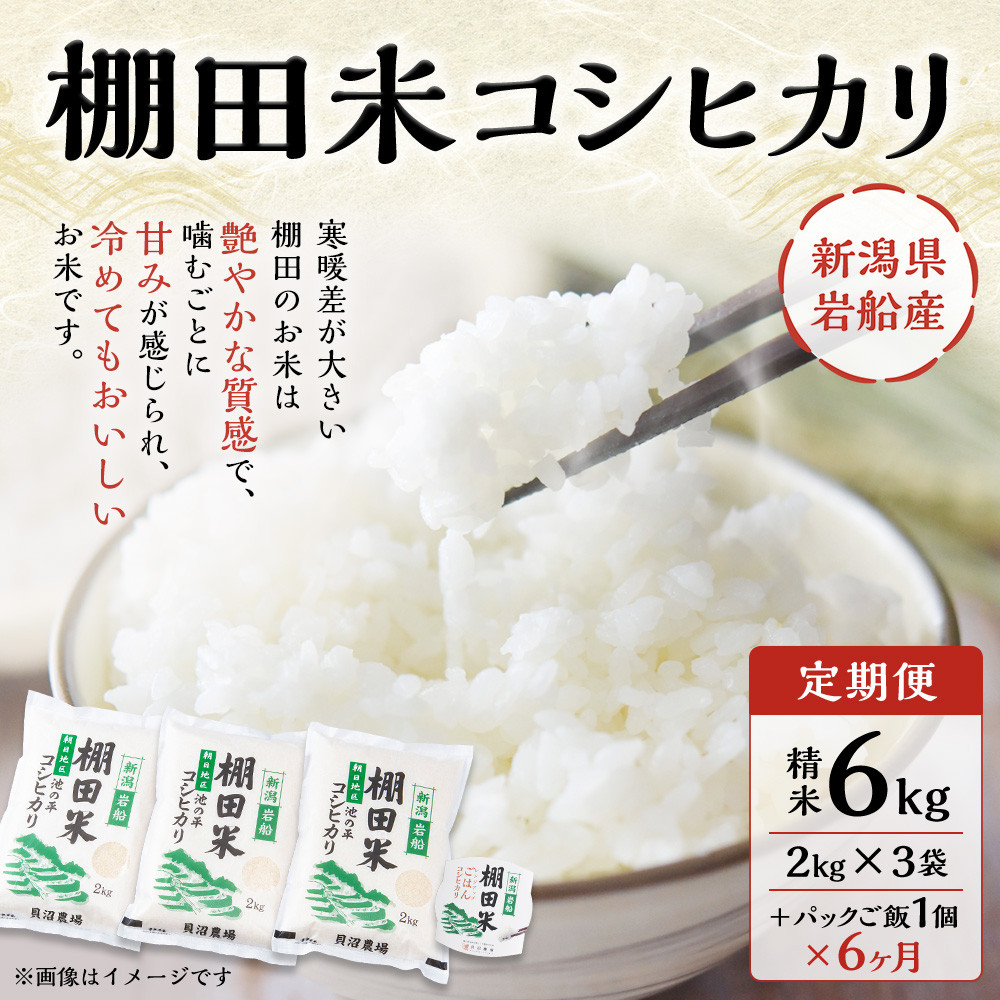 【定期便：6ヶ月連続でお届け】【令和5年産米】新潟県岩船産 棚田米コシヒカリ 6kg（2kg×3袋）+パックごはん(150g×1個)×6ヶ月  1067007