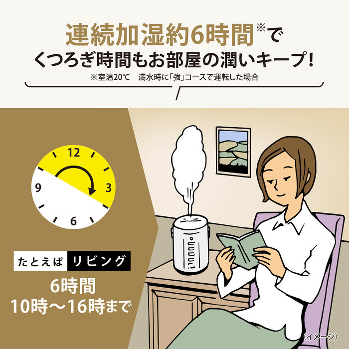 連続加湿約6時間でくつろぎ時間もお部屋の潤いキープ！