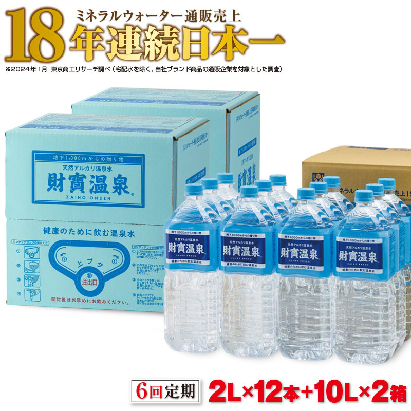【6回 定期便】 天然アルカリ温泉水  2L×12本＋10L×2箱