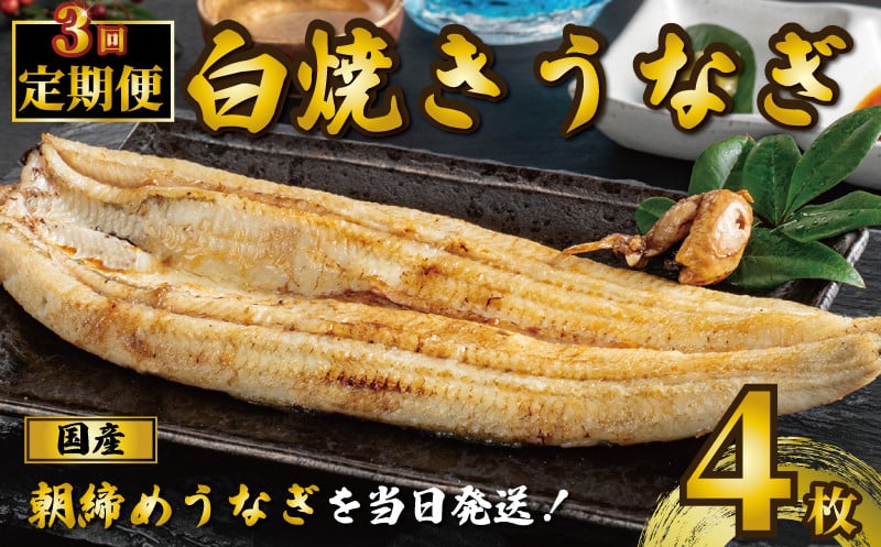 国産うなぎ 白焼き 4枚 1尾約120g 定期便3回 うなぎ 鰻 白焼き 蒲焼 うな重 鰻丼 うな丼 ひつまぶし 土用の丑の日 土用丑 魚 海鮮  魚介類 肉 肝 レバー 冷蔵 おつまみ おかず 惣菜 酒 ビール 焼酎 日本酒 ウイスキー チューハイ お取り寄せ