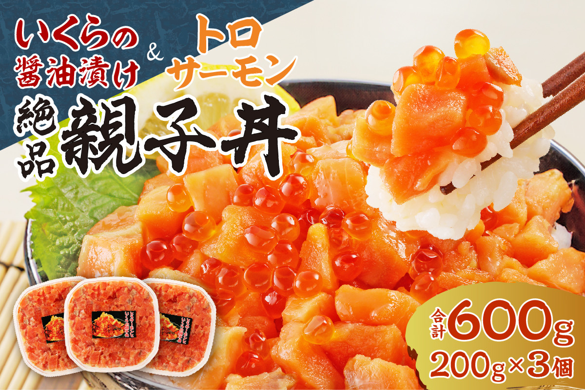 北海道産 いくら 醤油漬け （鮭卵）とトロサーモンの絶品！ 親子丼 セット 600g（200ｇ×３個）水産 海鮮 魚卵 魚介 お取り寄せ グルメ  サーモン トロサーモン 3パック ご飯にのせるだけ 冷凍 北海道 札幌市 - 北海道札幌市｜ふるさとチョイス - ふるさと納税サイト